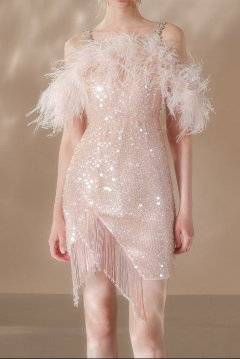 Priscilla Sequin Feather Crystal-Strap Mini Dress In Pink Flowering Girl