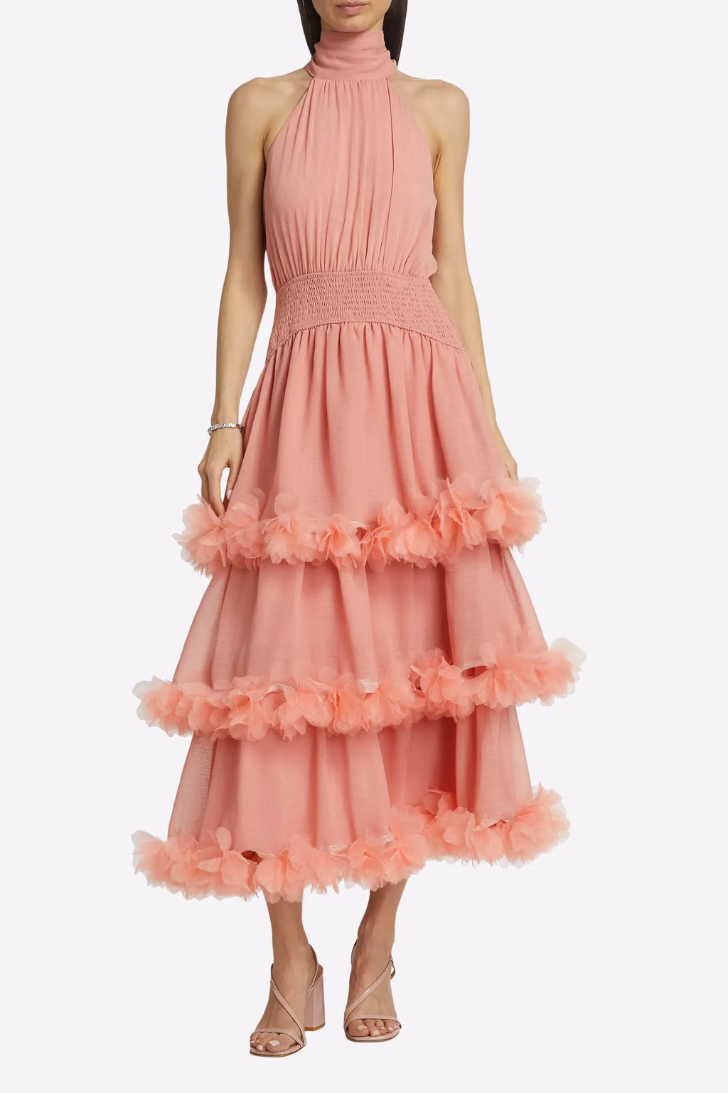 Nereida Tiered Midi Dress In Pale Orange Flowering Girl