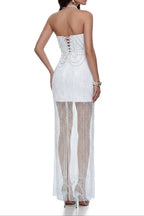 Strapless Crisscross Pearl Beaded Sheer Mesh Maxi Dress Flowering Girl