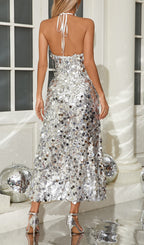 Basira Silver Sequin Halter Maxi Dress Flowering Girl