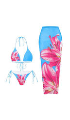 Grynn Floral Bikini Three Piece Set In Blue Flowering Girl