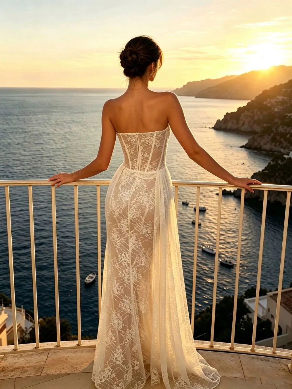 Strapless Draped Lace Bustier Maxi Dress Flowering Girl