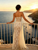 Strapless Draped Lace Bustier Maxi Dress Flowering Girl