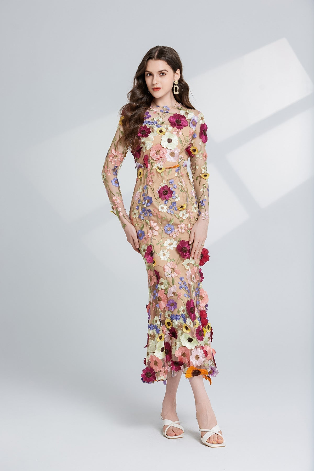 CAROL brown FLORAL EMBROIDERY MESH LONG SLEEVE MIDI DRESS Flowering Girl