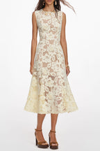 Marjorie Yellow Crochet Lace Hollow Midi Dress Flowering Girl