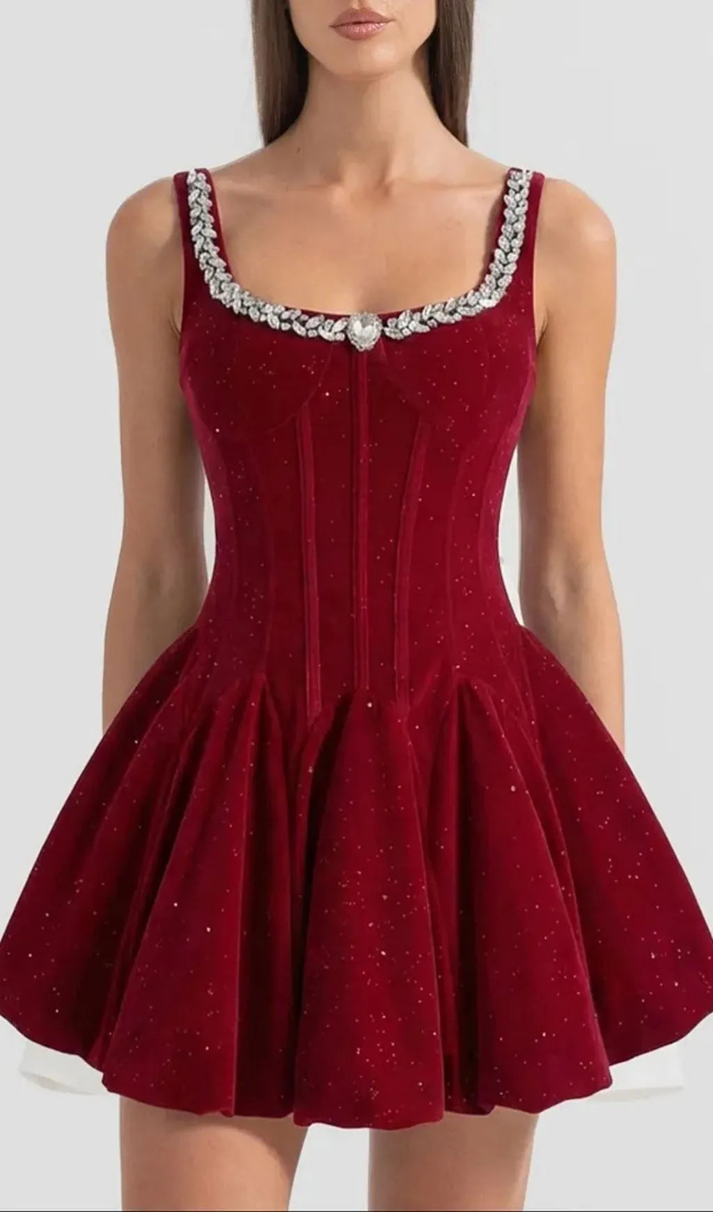 Vivien Burgundy Velvet Corset Mini Dress With Crystal-Embellished Neckline Flowering Girl