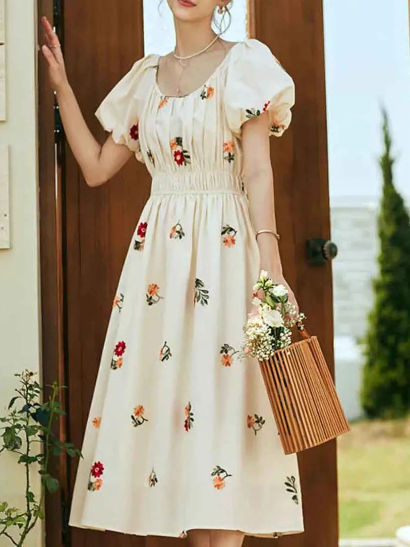 Rosalind Retro Embroidered Puff Sleeve Dress Flowering Girl