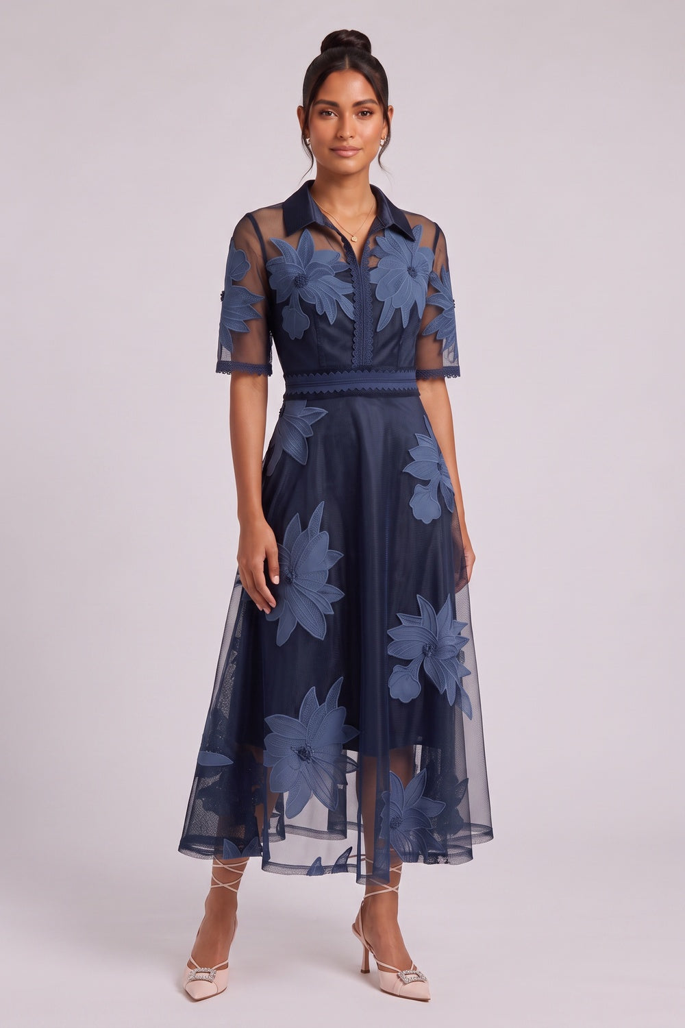 Navy Blue Sheer Organza A-Line Midi Dress with Floral Embroidery Flowering Girl
