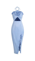 Floral Embellished Slit Midi Dress In Blue Flowering Girl