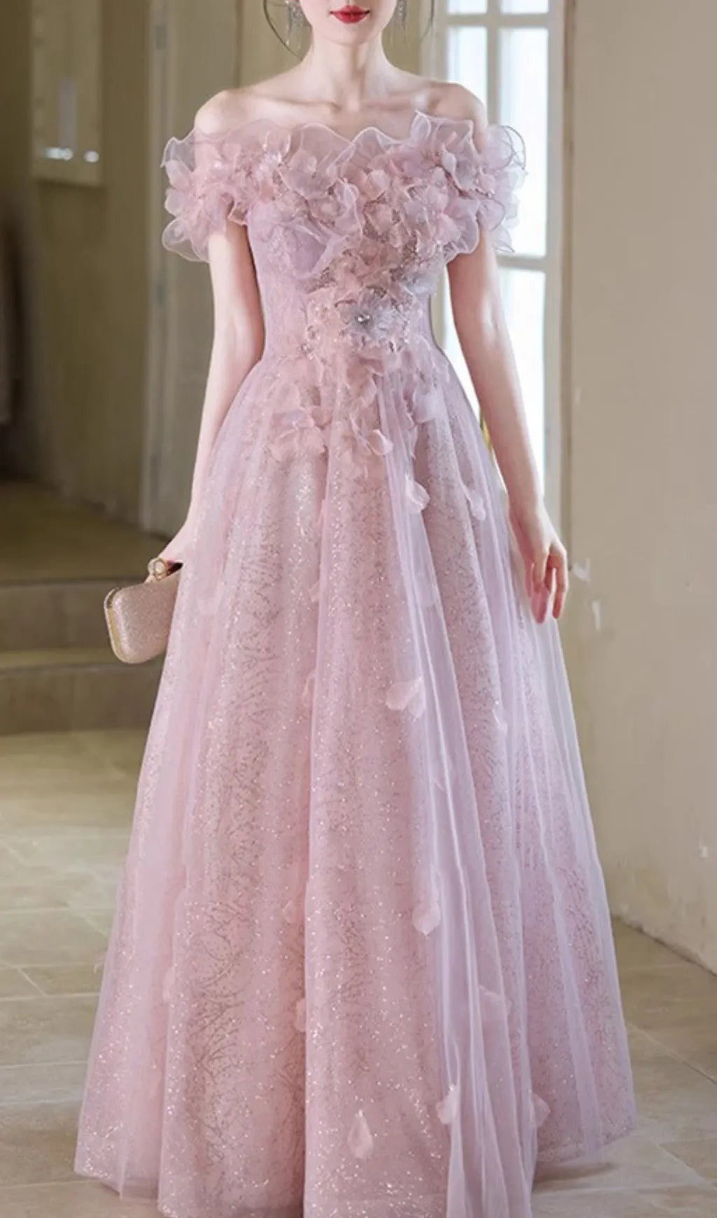 Hanne Pink Flower Off-Shoulder Maxi Dress Flowering Girl
