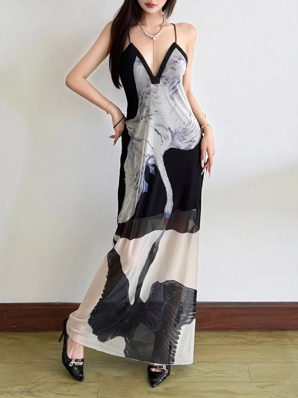 Meryem Spaghetti Swan Printed Maxi Dress Flowering Girl
