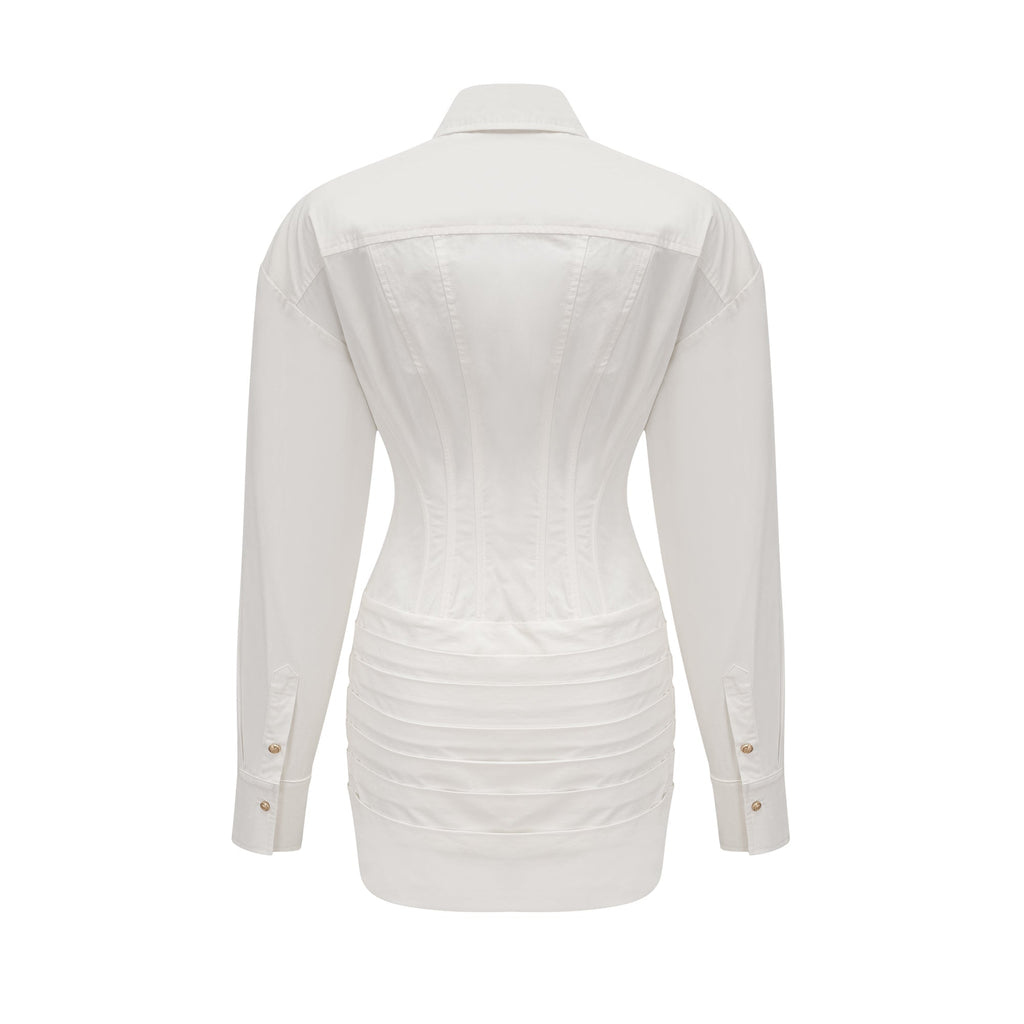 White Long Sleeve Corset Shirt Twist Wrap Mini Dress Flowering Girl