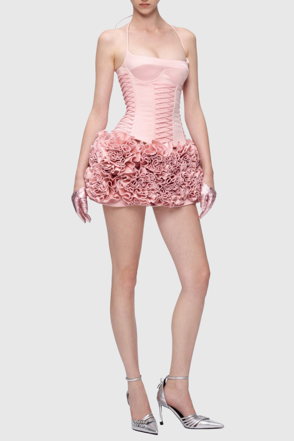 Cindia Floral Lace Up Corset Two Piece Set in Pink Flowering Girl