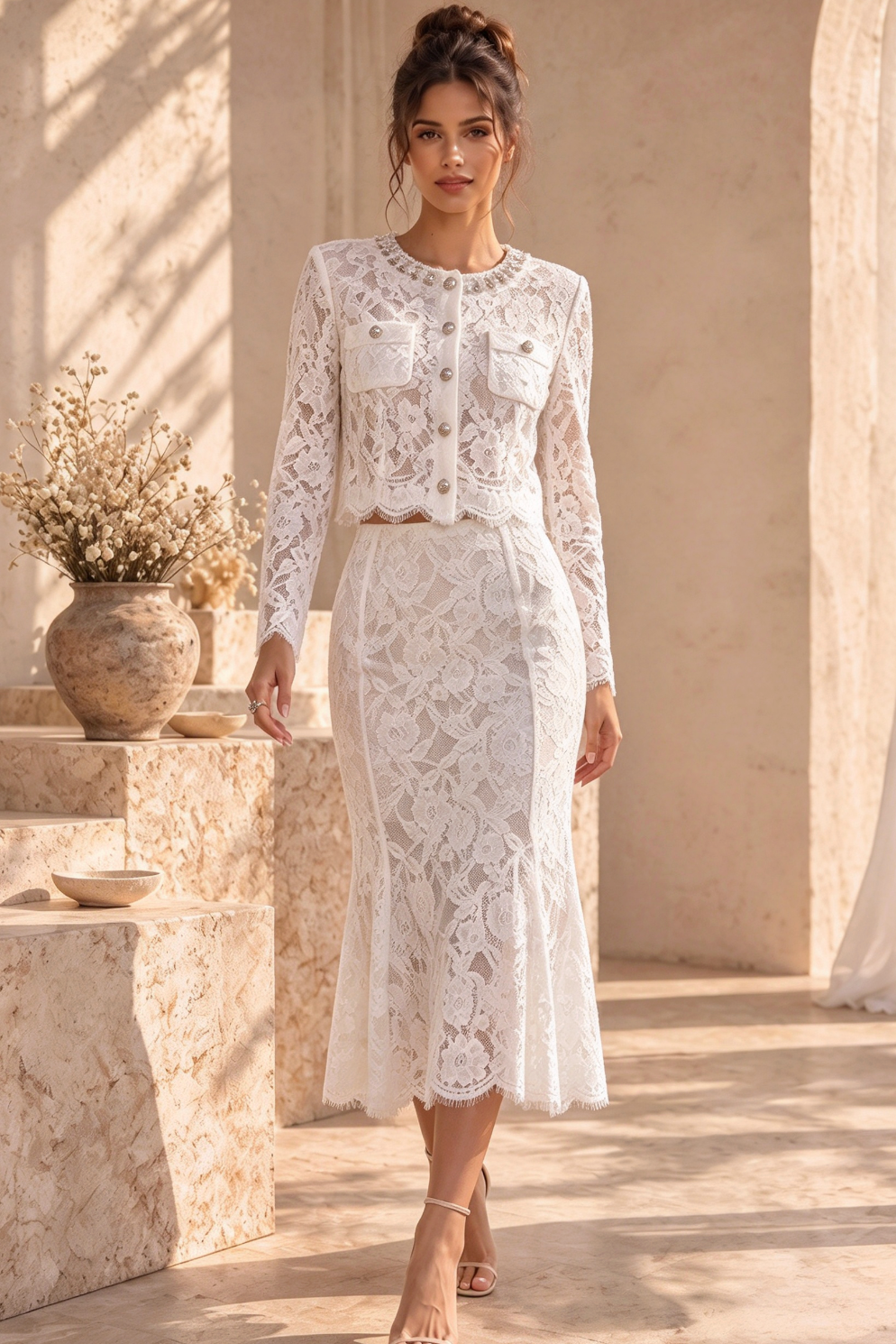 White Floral Corded Lace Two-Piece Skirt Suit Flowering Girl