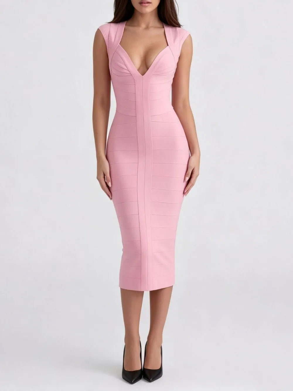 Marixa Pink V-Neck Bandage Midi Dress Flowering Girl