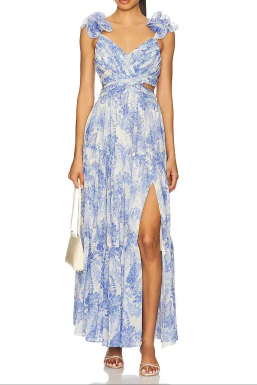 v -neck floral print cutout maxi dress in blue Flowering Girl