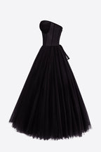 Black Strapless Puffy Midi Tulle Dress Flowering Girl