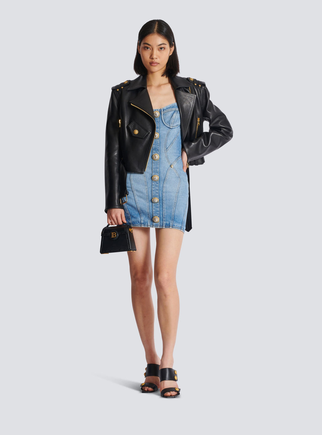 Buttoned denim mini dress in blue Flowering Girl
