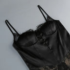 Satin Lace-Trimmed Slit Slip Maxi Dress In Black Flowering Girl