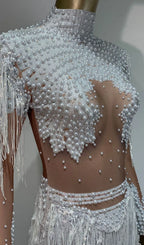 Fukiko White Beaded Tassel Bodysuit Flowering Girl