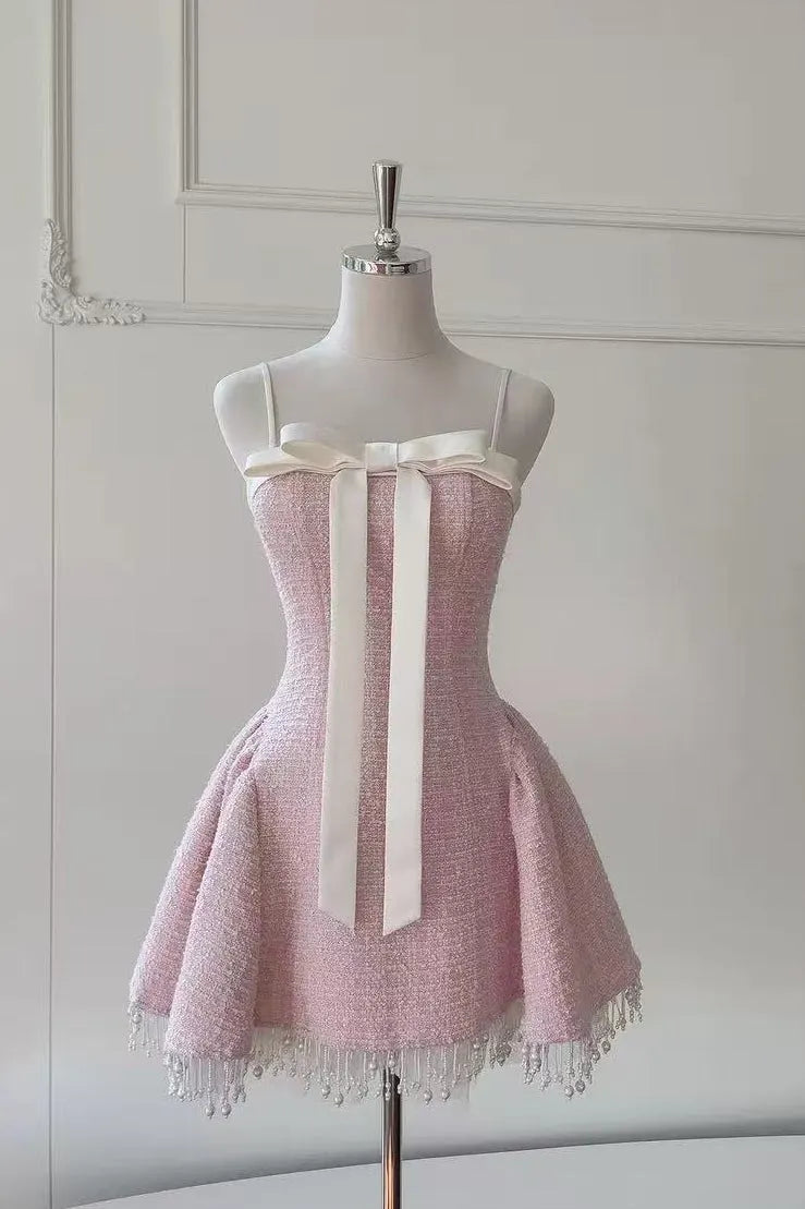 Tweed Bow Mini Dress In Pink Flowering Girl
