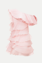 Shelyn Flower One Shoulder Ruffle Mini Dress - Pink Flowering Girl