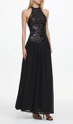 Encho Halter Ruched Mesh Sequin Maxi Dress Flowering Girl