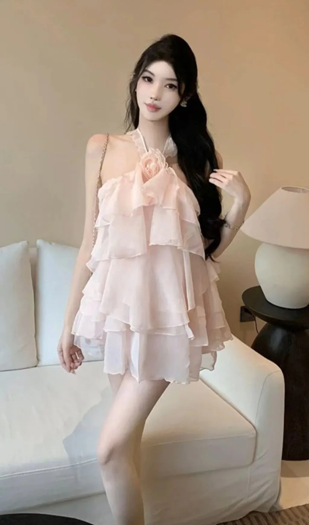 Rebecca Halterneck Ruffle Mini Dress In Pink Flowering Girl