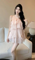 Rebecca Halterneck Ruffle Mini Dress In Pink Flowering Girl