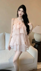Rebecca Halterneck Ruffle Mini Dress In Pink Flowering Girl