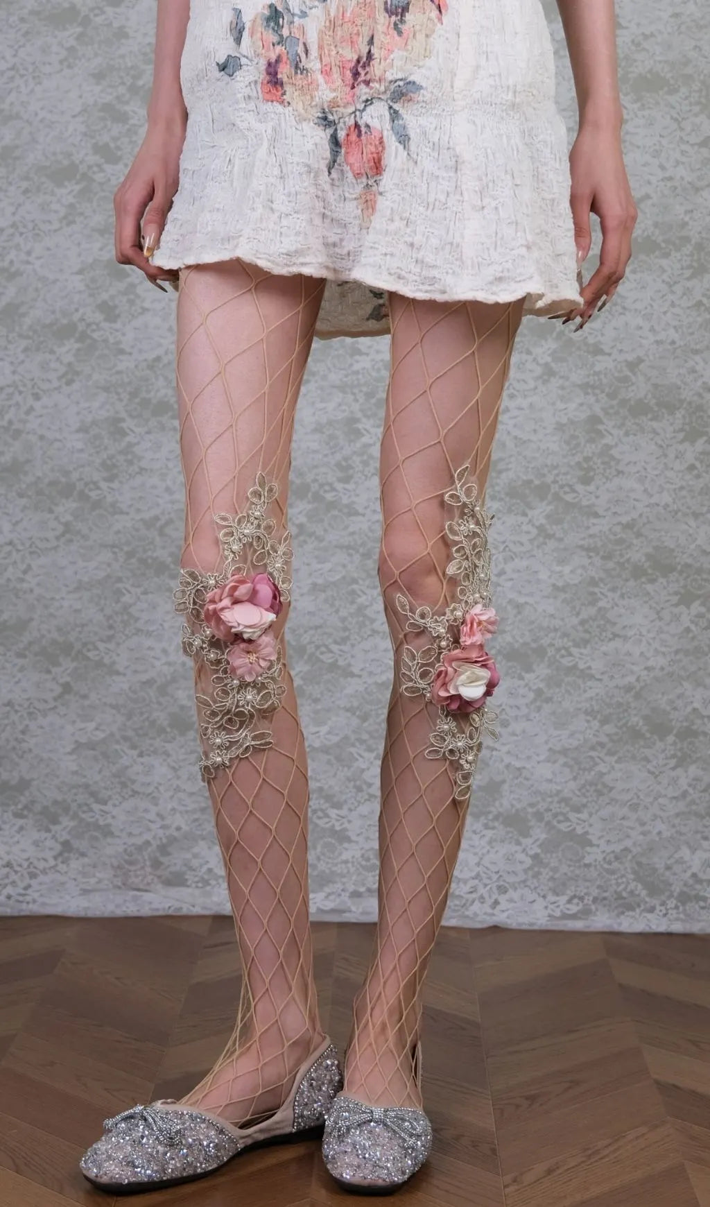 Floral Embroidered Tights With 3D Flowers & Pearls Flowering Girl