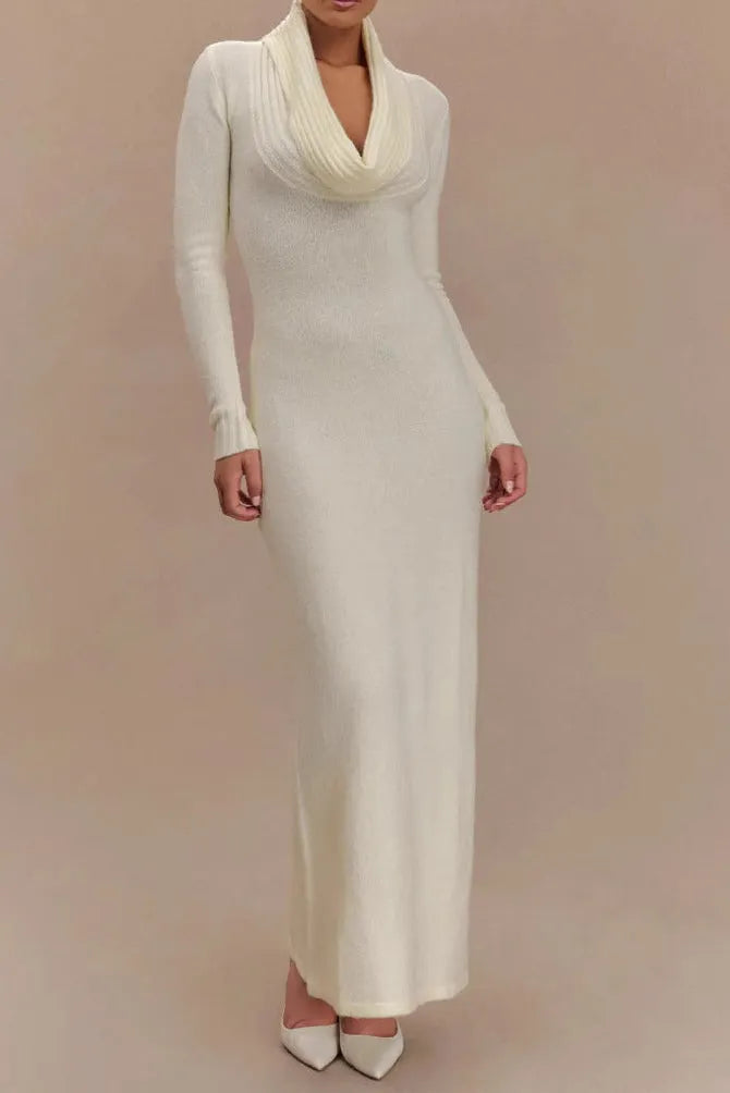 White Drop-Collar Long-Sleeved Knitted Dresses Flowering Girl