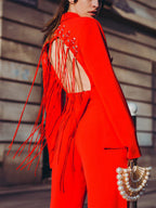 Vienna Cutout Fringe Backless Blazer In Red Flowering Girl