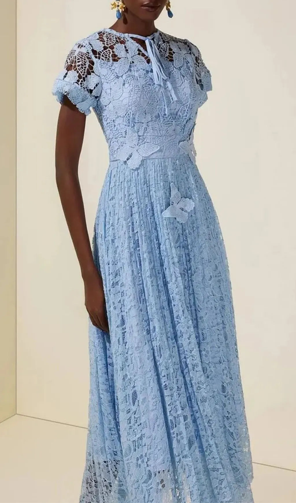 Selena Lace Butterfly Pleated Midi Dress - Blue Flowering Girl