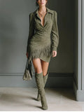 Olive Green Faux Suede V-Neck Wrap Mini Dress Flowering Girl