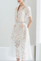 Leona Cropped Peak Lapel Lace Top Skirt Set In White Flowering Girl