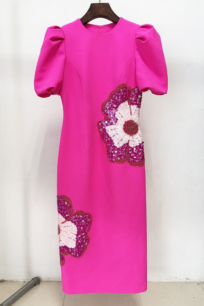 Sequin Flower Embellished Puff Sleeve Midi Dress In Pink Flowering Girl