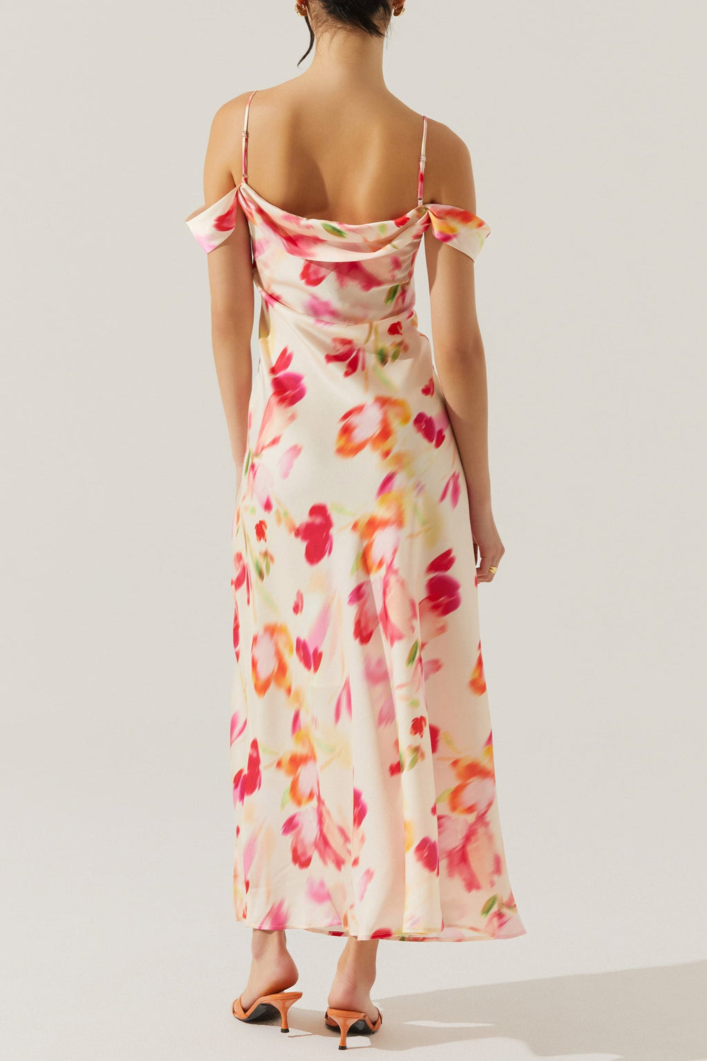 Satin Slit Cold Shoulder Maxi Dress In Pink Watercolor Flowering Girl