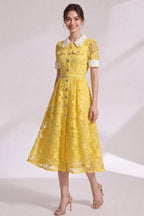 Yellow Guipure Floral Lace A-Line Midi Dress Flowering Girl