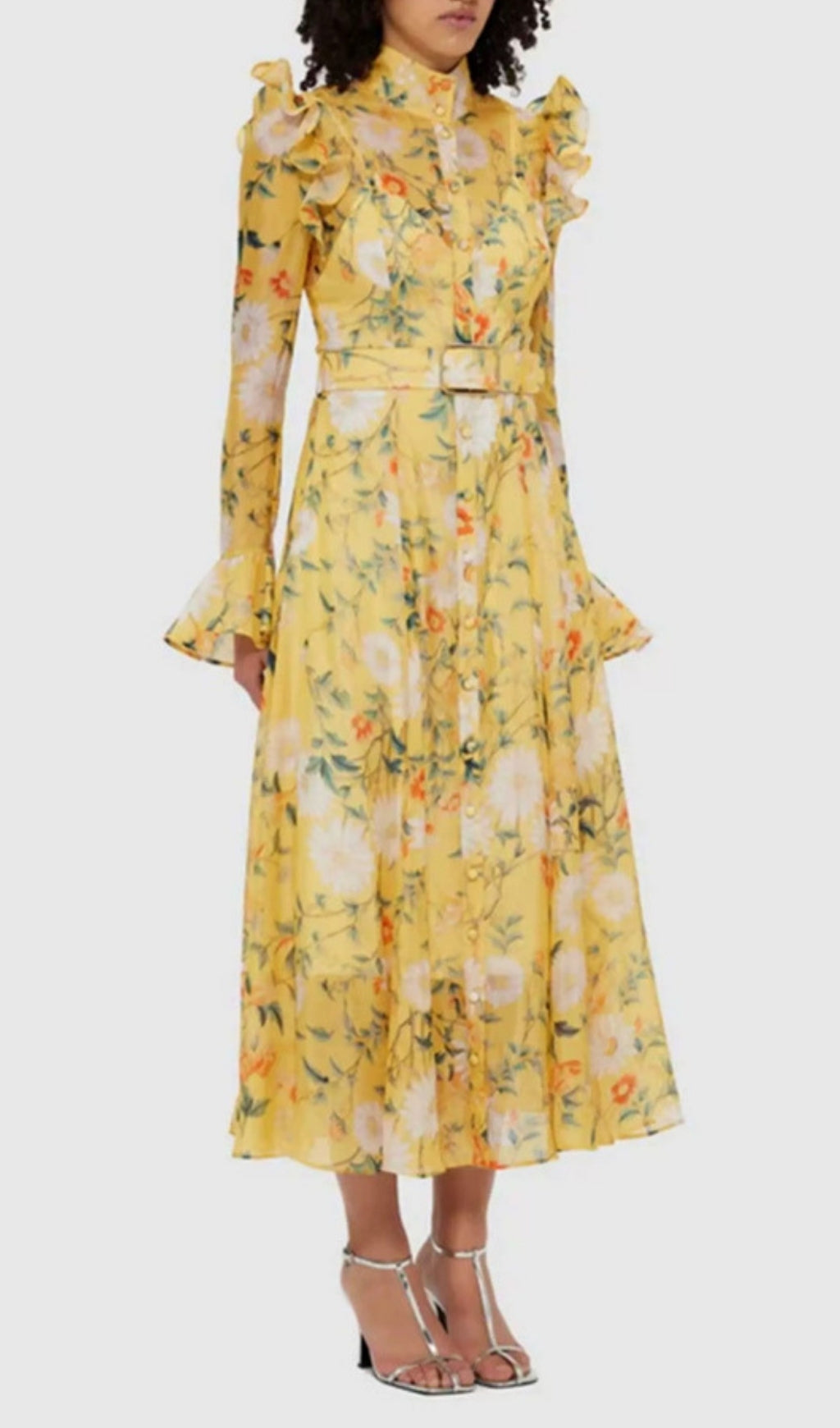 Eder Yellow Floral Long Sleeve Midi Dress Flowering Girl