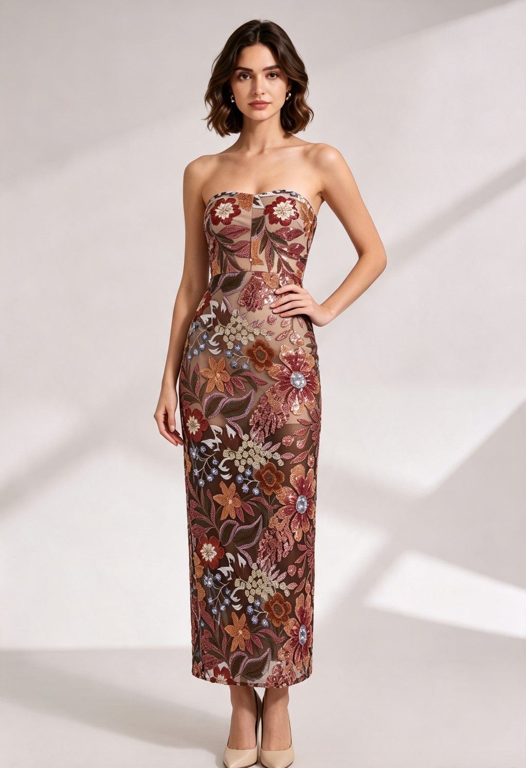 Strapless Floral Embroidered Maxi Dress Flowering Girl