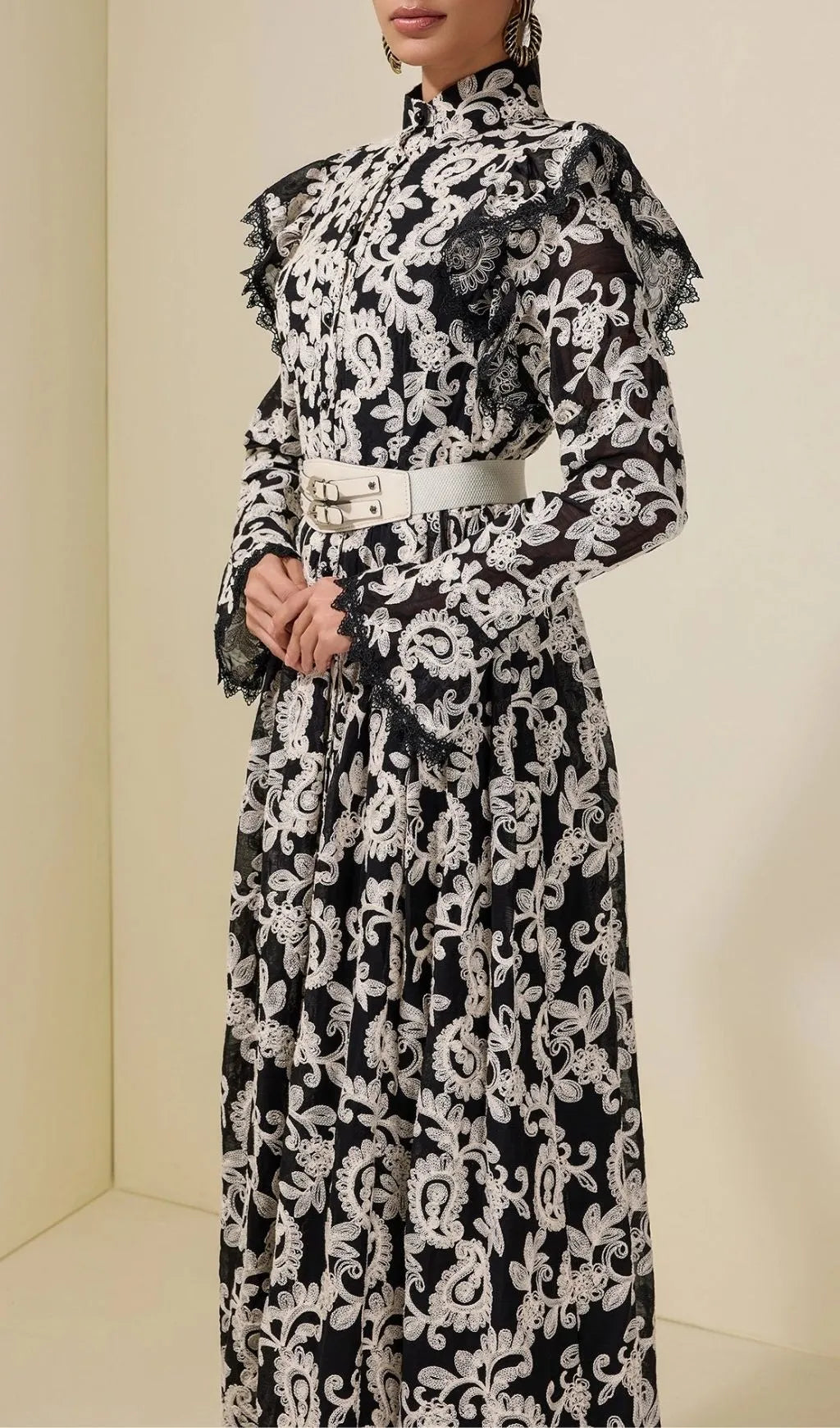 Alma Chiffon Embroidered Single Breasted Midi Dress With Belt - Black Flowering Girl