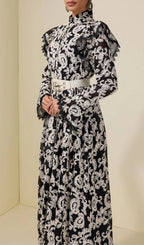 Alma Chiffon Embroidered Single Breasted Midi Dress With Belt - Black Flowering Girl