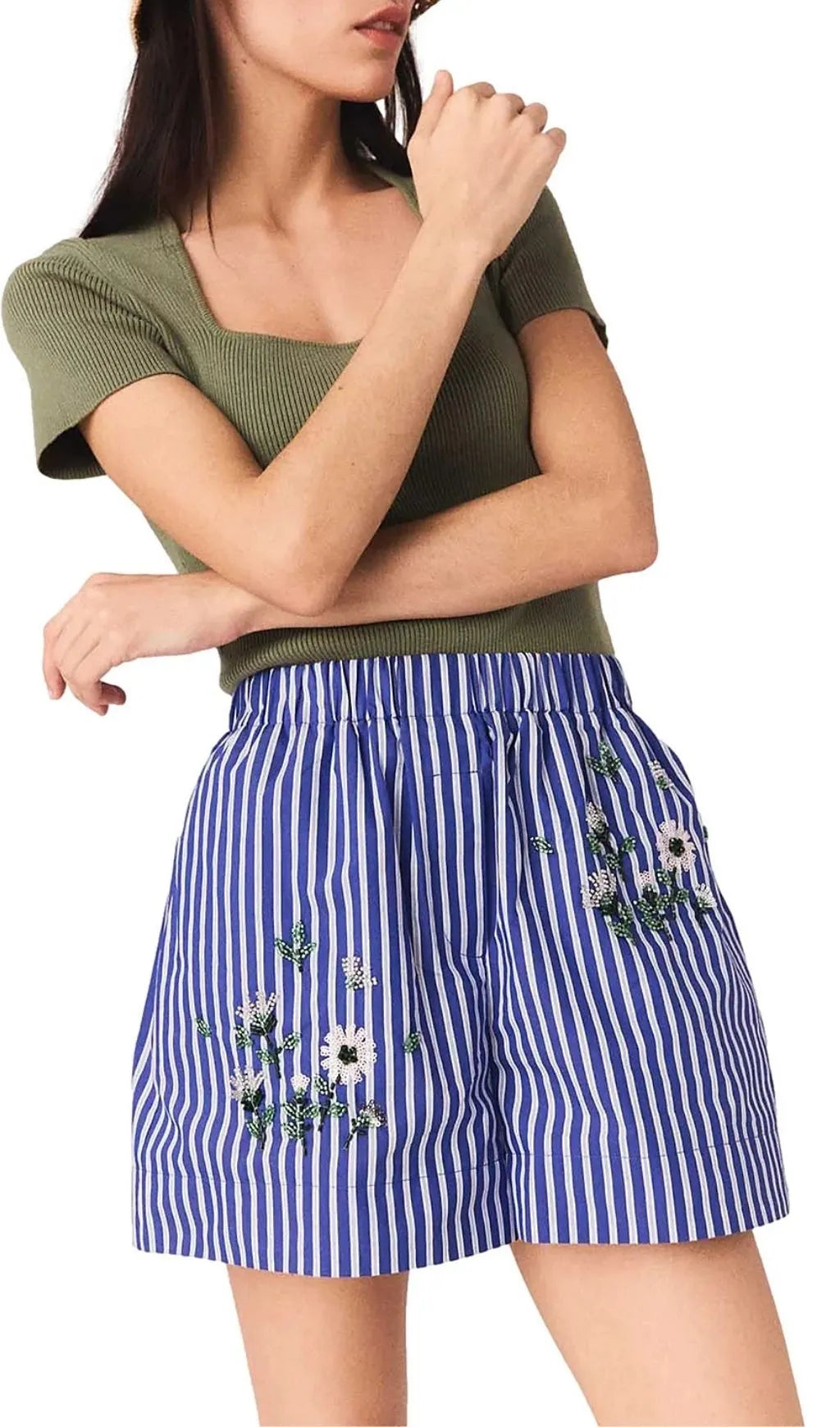 Embroidered Striped Shorts Flowering Girl