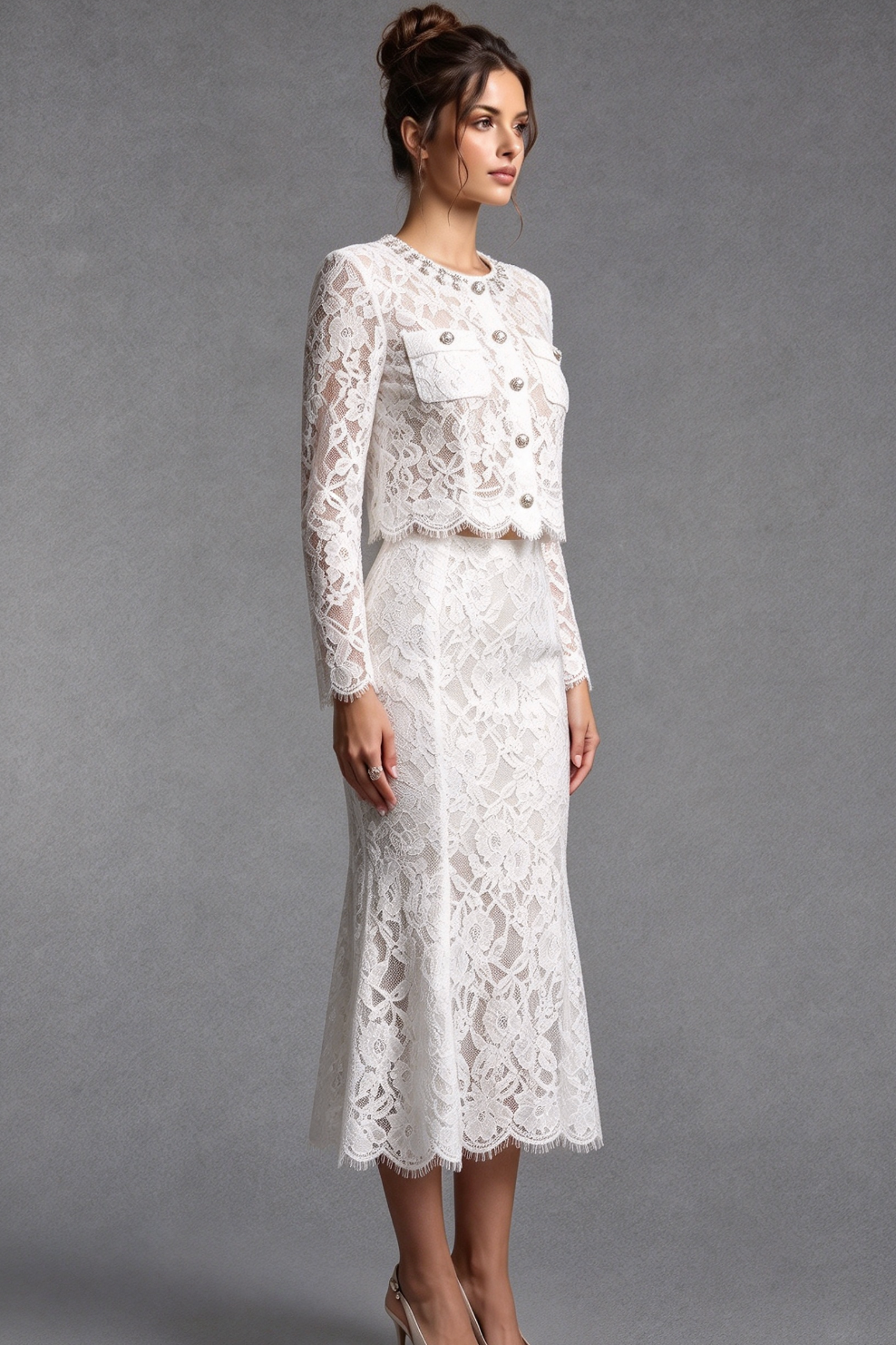 White Floral Corded Lace Two-Piece Skirt Suit Flowering Girl