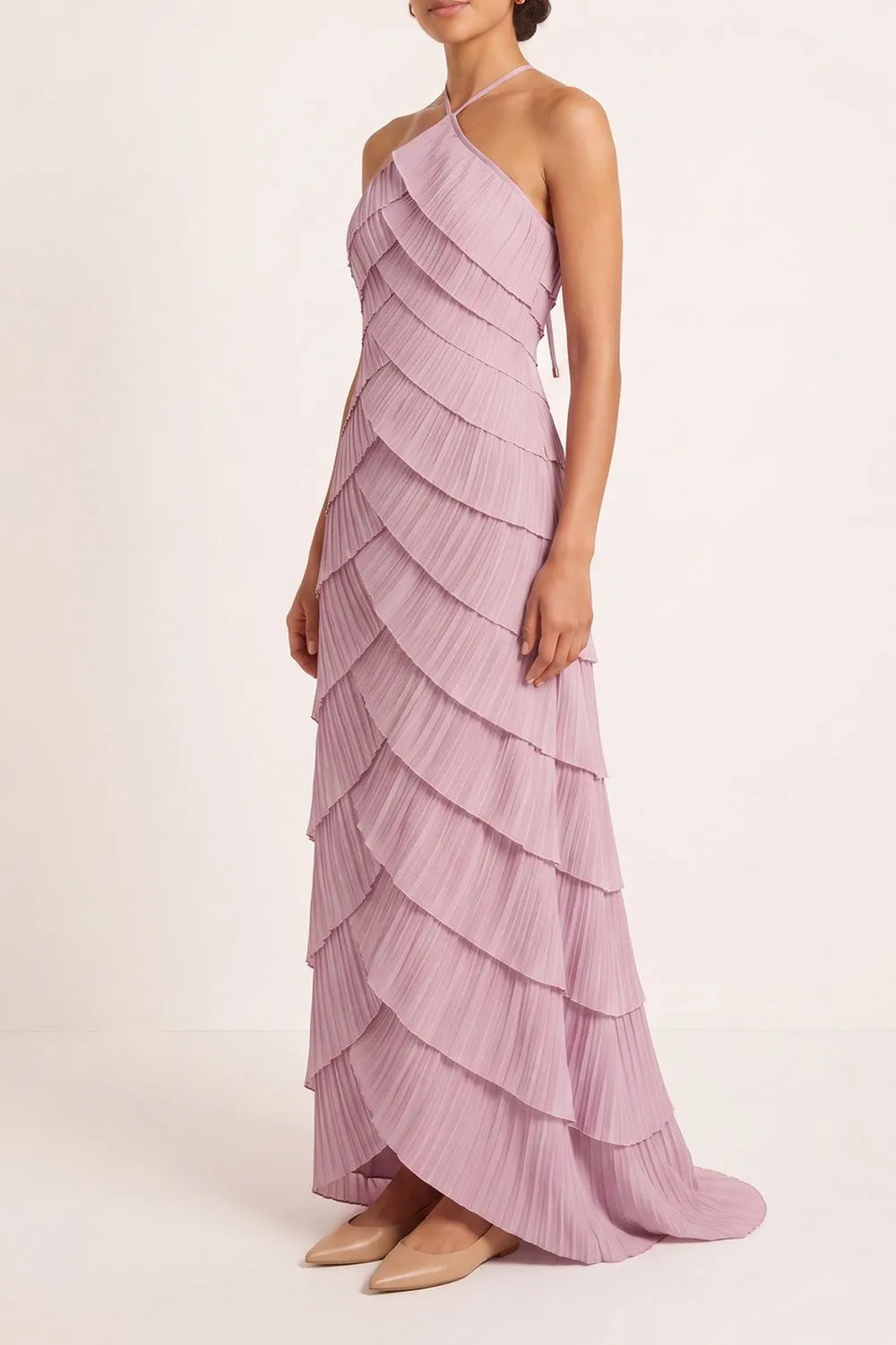 Halter Layered Pleated Maxi Dress Flowering Girl