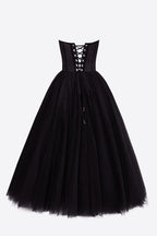 Black Strapless Puffy Midi Tulle Dress Flowering Girl