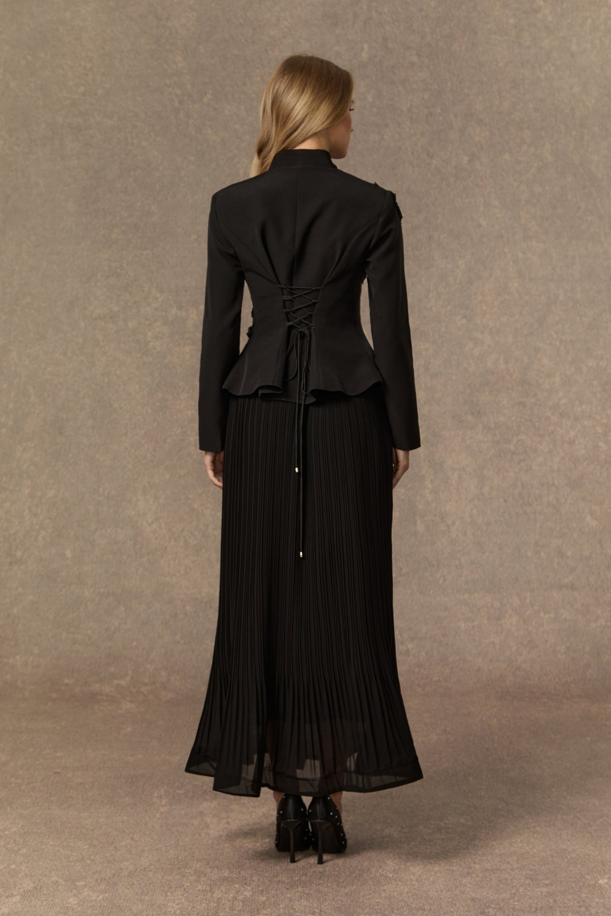 3D Beaded Floral Stand Collar Peplum Jacket & Pleated Chiffon Maxi Skirt Two-Piece Set Flowering Girl