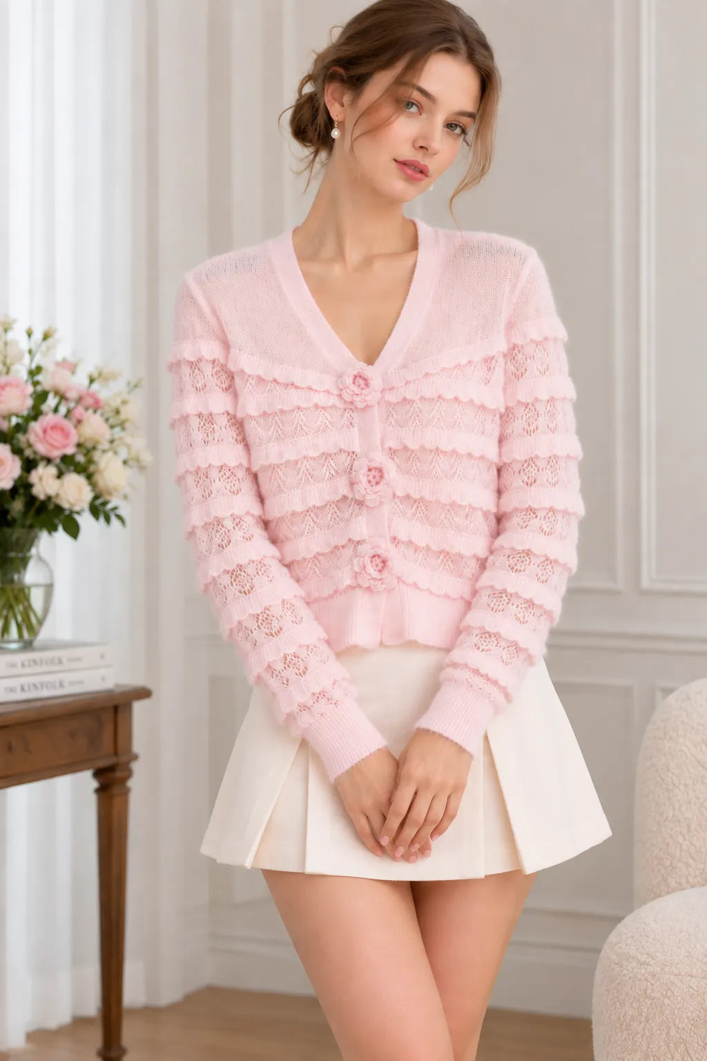 Light Pink Lightweight Fitted, Cropped Cardigan Flowering Girl