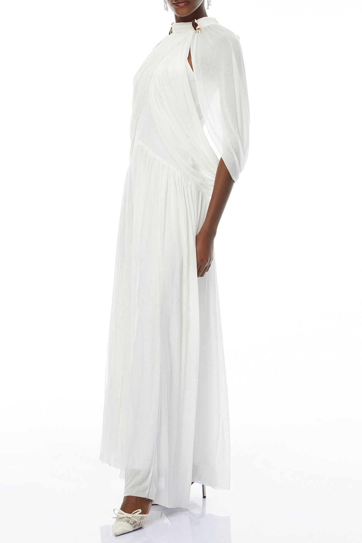 Leona White Draped Cape Sleeve Knit Maxi Dress Flowering Girl